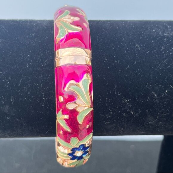 Cloisonne Enamel Floral Hinged Bangle Bracelet - Picture 4 of 11